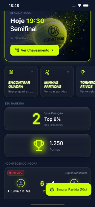 CourtHub home dashboard with live match and tournaments
